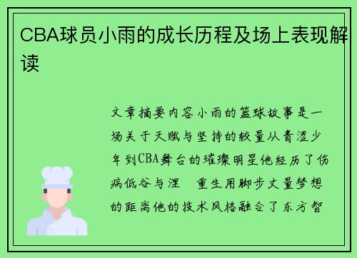 CBA球员小雨的成长历程及场上表现解读